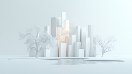 Minimalist city scape with trees and water