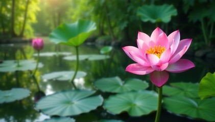Obraz premium Beautiful close-up shot of delicate pink lotus flowers and water lilies in a serene pond setting, beauty, aquatic life