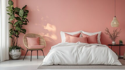 Bedroom interior with a comfortable bed near a calming pink wall.