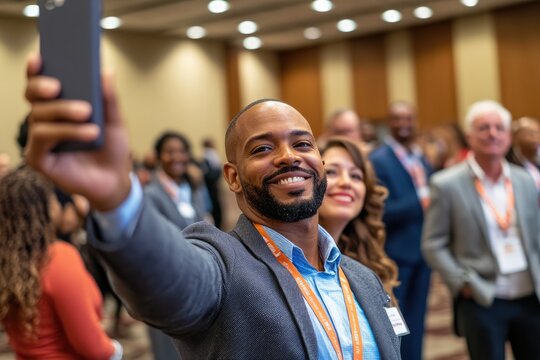 cheerful man taking selfie at professional event - Powered by Adobe