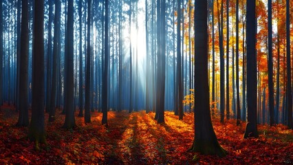 A vibrant forest scene with tall trees, colorful autumn foliage, and sunlight filtering through the branches. Concept Vibrant Forest, Tall Trees, Colorful Autumn Foliage, Sunlight Filtering