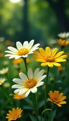 Fototapeta premium Beautiful daisy flowers blooming in a lush garden filled with plants, summer, blooming