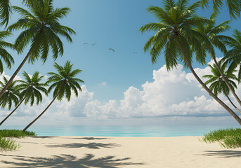 Fototapeta premium Tropical Beach with Palm Trees and Clear Sky - Peaceful Seaside View.