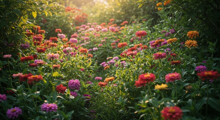 A vibrant garden filled with colorful flowers blooming brightly