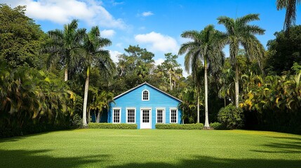 Charming blue house with white trim, attached garage, surrounded by lush green grass and tall palm trees, Florida beach setting under a vibrant blue sky 