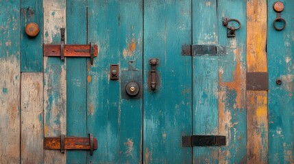 Aged teal wooden door with hardware
