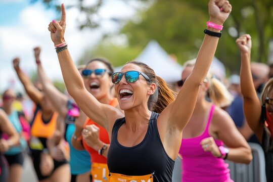 joyful woman celebrates finishing marathon outdoors