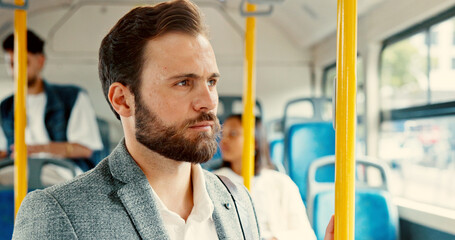 Business, thinking and travel with man on bus for reflection, journey and meeting schedule. Public...