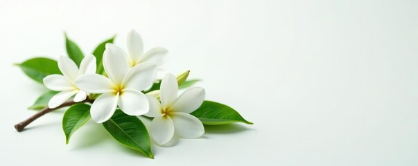 Obraz premium Beautiful flowers of jasmine plant with green leaves on white background, fragrant, summer