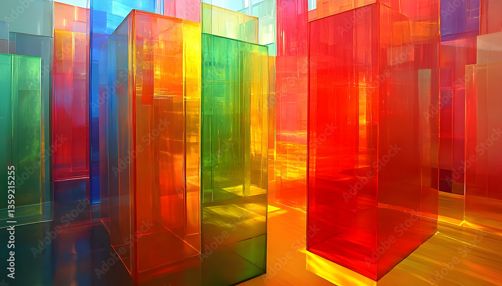 Poster colorful translucent geometric structures create a vibrant abstract environment with light reflectio