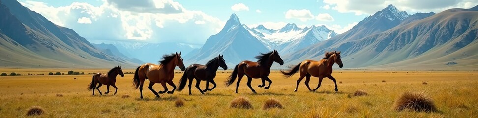 Fototapeta premium Beautiful horses galloping freely across lush valley with Andes mountains in background in Patagonia, Chile, freedom, Chile