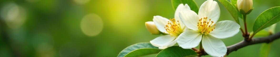 Fototapeta premium Beautiful image of white calamondin citrus petals and buds on an orange tree, emitting a lovely neroli aroma with the fragrance of orange blossoms, neroli aroma, orange tree