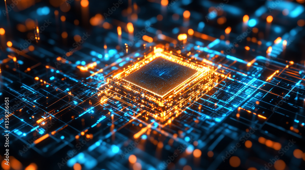 Poster future processor. quantum cpu in the nanotech computer network. 3d illustration of digital cyberspac