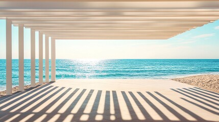 Coastal architecture, modern outdoor structure with sharp lines, vibrant beach surroundings, sunlight casting gentle shadows 