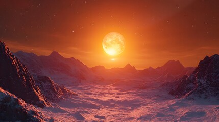alien planet landscape with red sun and mountains