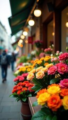 Blurry background of a vibrant flower market with various plants and bouquets on display,  colorful,  display