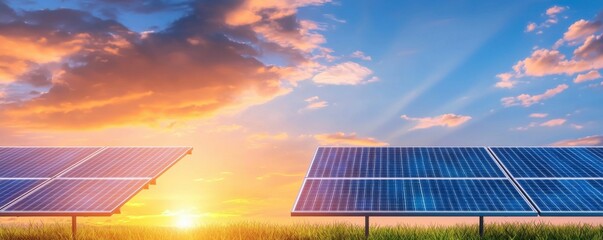 Solar Panels at Sunset Vibrant Sky and Golden Light