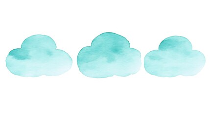 Fototapeta premium Three teal watercolor clouds isolated on white.