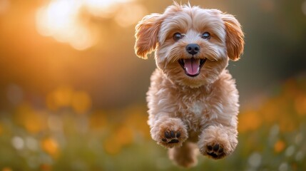Joyful Dog in Mid-Air: A fluffy, brown puppy leaps joyfully through the air with an infectious grin, set against a warm, blurred backdrop of sunlit foliage.