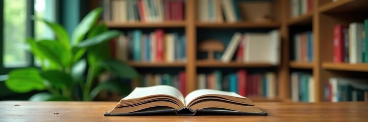 Blurry bookshelf background in library with books and green plants, creating a tranquil reading space Study, relaxation, interior design, spate,  library,  tranquil