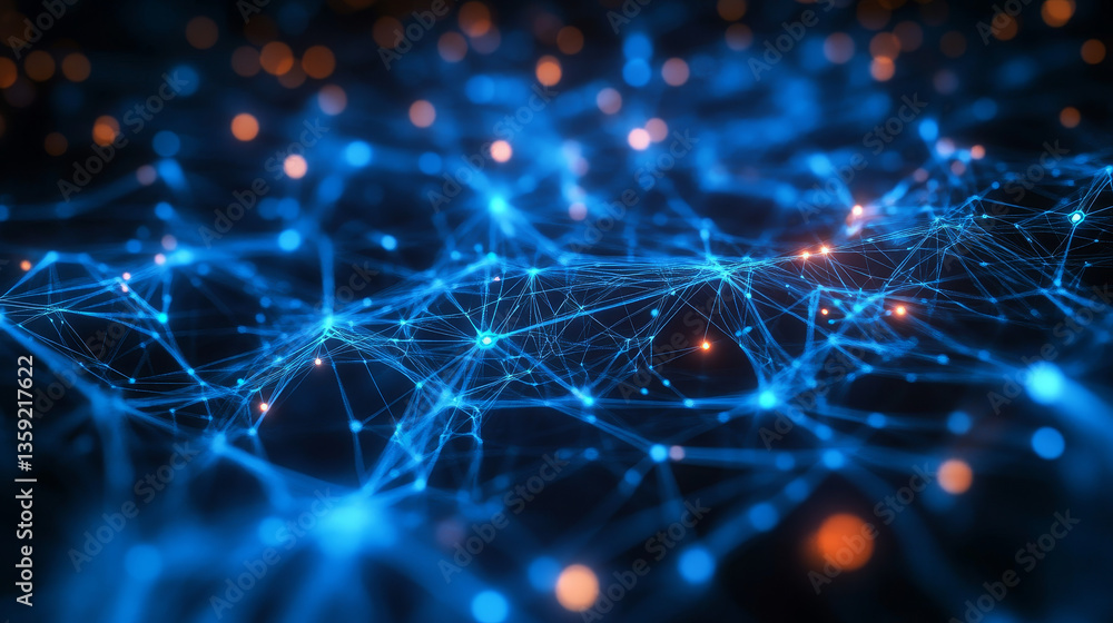 Poster neural data field 3d illustration. cyber network data particles