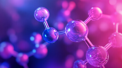 Bright, colorful banner. Neon, purple, ultraviolet, pink and blue. Molecule 3D illustration. Science, education, research, innovation