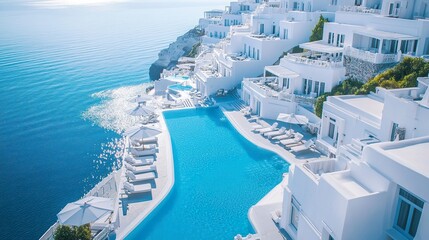 Naklejka premium Coastal luxury hotel, pristine white exterior, infinity pool with ocean backdrop, sunbeds aligned neatly, aerial view for expansive feel. 