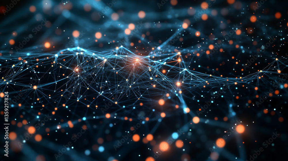 Poster neural data field 3d illustration. cyber network data particles