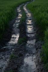 Obraz premium Muddy Path Through Lush Green Field, Tire Tracks in Wet Soil