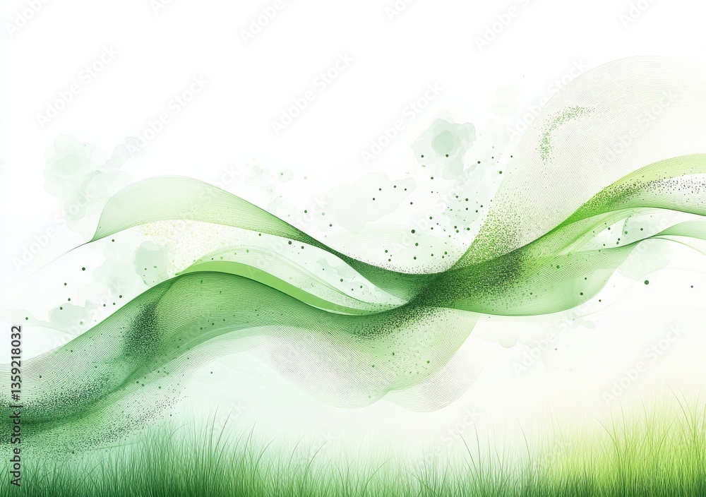 Poster abstract green wave design with grass and artistic particle elements