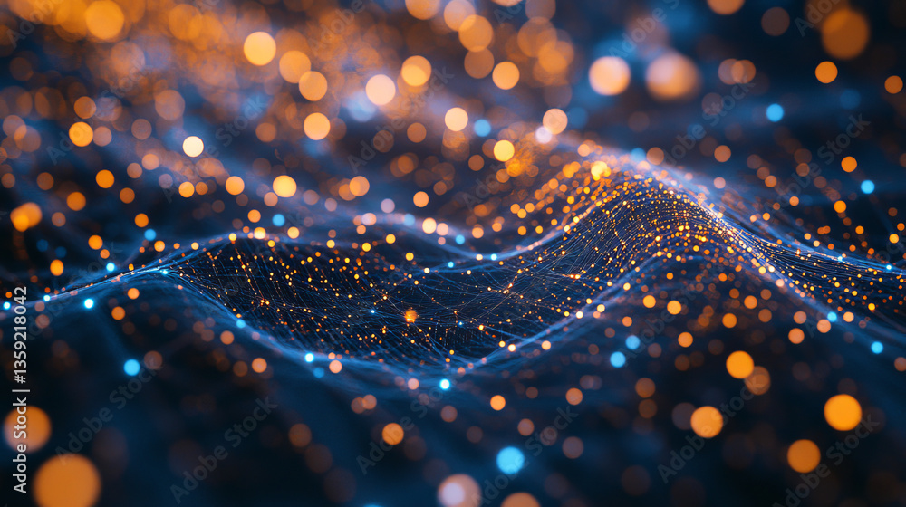 Poster neural data field 3d illustration. cyber network data particles