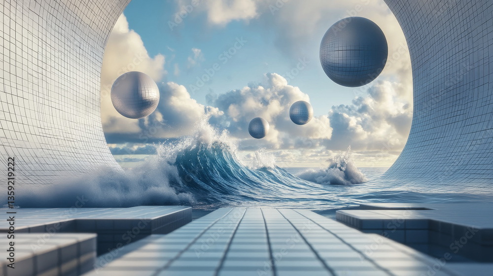 Poster futuristic image of a wave on a plane of squares and abstract spheres. vector background image.