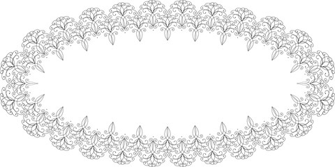 Oval lacy ornate frame. Isolated monochrome black decorative element on transparent background. Lace of curved lines. Classic vintage decor.