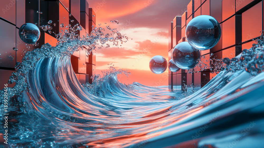 Poster futuristic image of a wave on a plane of squares and abstract spheres. vector background image.