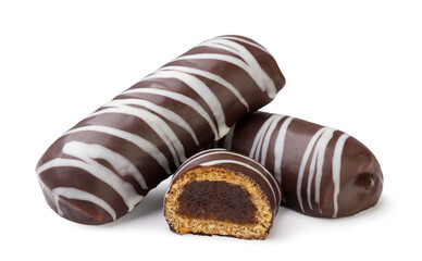 Chocolate gingerbread and half with jam on a white background. Isolated