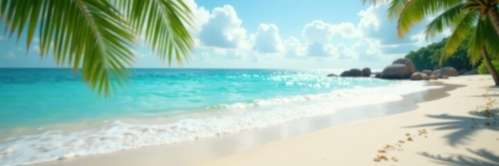 Blurry tropical beach with sparkling blue sea, creating a serene and refreshing summer backdrop,  refreshing,  summer