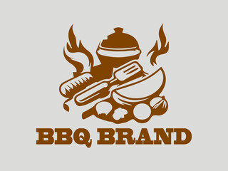 illustration stylized barbecue grill surrounded by flames, barbecue grill illustration with fire and food ingredients arranged in a circular design. Food and cooking concept and bbq logo vector