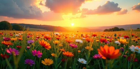 Fototapeta premium Beautiful meadow with colorful wildflowers under a stunning sunset sky, with sun flare creating a dreamy backdrop, Sky, Bokeh
