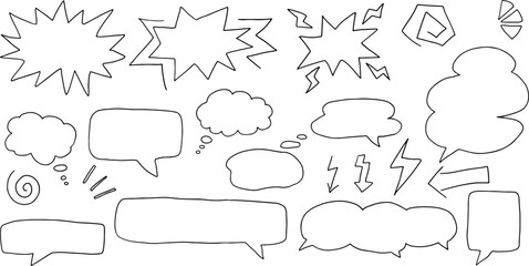 Fototapeta premium drawn with black curved lines hand drawn shapes silhouettes speech bubbles and thought bubbles, arrows lightning, explosions, arrows, scribbles, spirals. Isolated elements