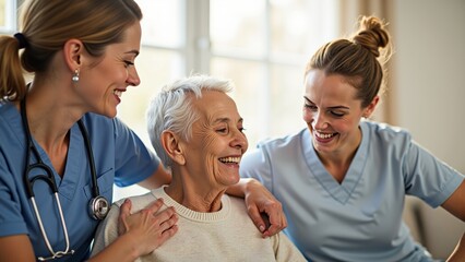 Obraz premium Two nurses in blue scrubs smile warmly at an elderly woman, creating a scene of care and companionship.