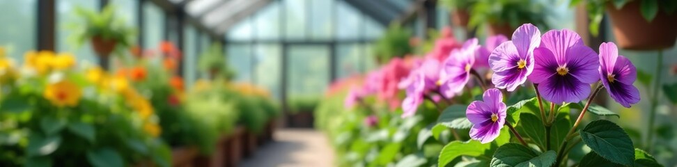 Fototapeta premium Blooming violets in a modern greenhouse, with selective focus, horticulture, garden