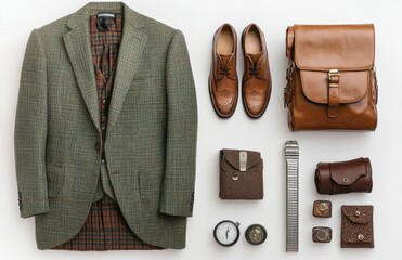 Flat lay of classic men's outfit and accessories organized neatly on white background