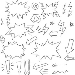 drawn black curved lines hand drawn shapes silhouettes arrows lightning, explosions, doodles, spirals, exclamation marks. Isolated elements. Ideal for pop art, graphic design, vector illustrations