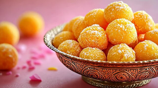 Bowl of Indian ladoo sweets on pink backdrop, festive treat