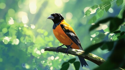 Black-Headed Grosbeak on Tree Branch. Colourful Bird in Natural Wildlife Setting