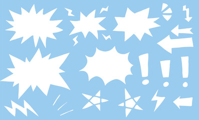 Hand drawn shapes of white explosions, lightning, stars, arrows, exclamation marks on a blue background. Isolated elements. Ideal for pop art, graphic design, vector illustrations