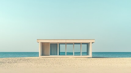 Fototapeta premium Contemporary beach building, pristine facade framed by sand and sea, soft natural lighting, open view with room for copy space above and around. 