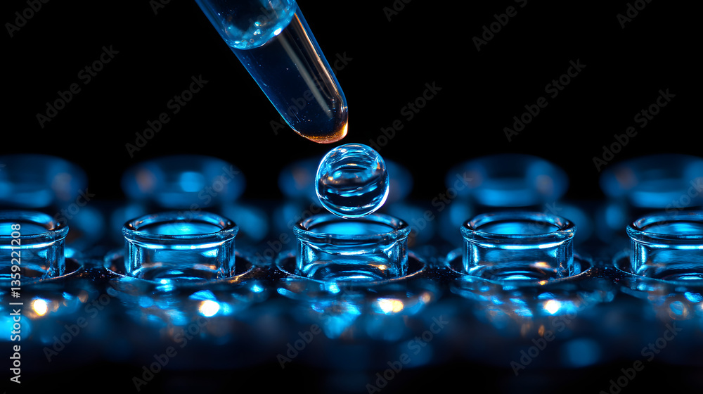 Poster science in blue: macro image of a pipette dispensing a droplet of liquid, representing the precision