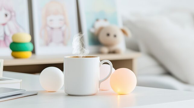 A cozy study area with anime posters, glowing fairy lights, and a steaming mug of coffee, symbolizing relaxation with generous copy space,