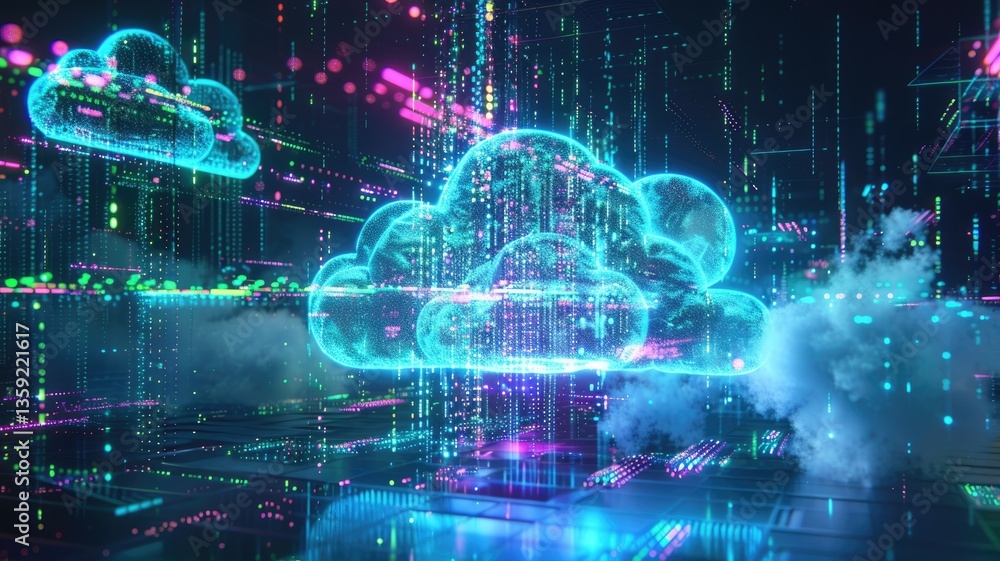 Poster abstract data flow with neon light effect in server. technology in modern globalization age hosting 